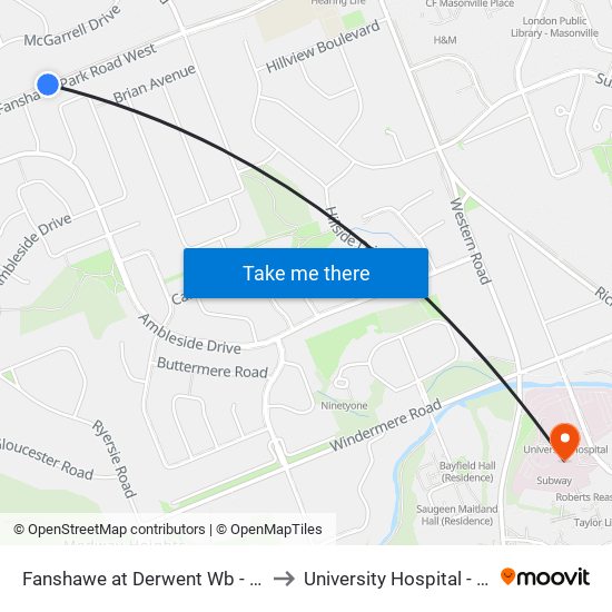 Fanshawe at Derwent Wb - #2512 to University Hospital - LHSC map