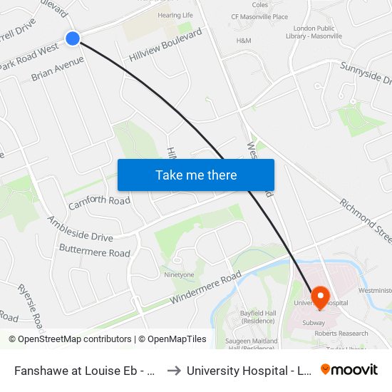 Fanshawe at Louise Eb - #701 to University Hospital - LHSC map