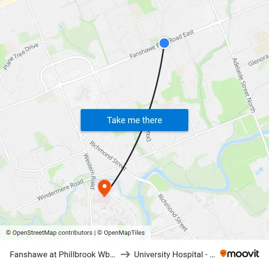 Fanshawe at Phillbrook Wb - #708 to University Hospital - LHSC map