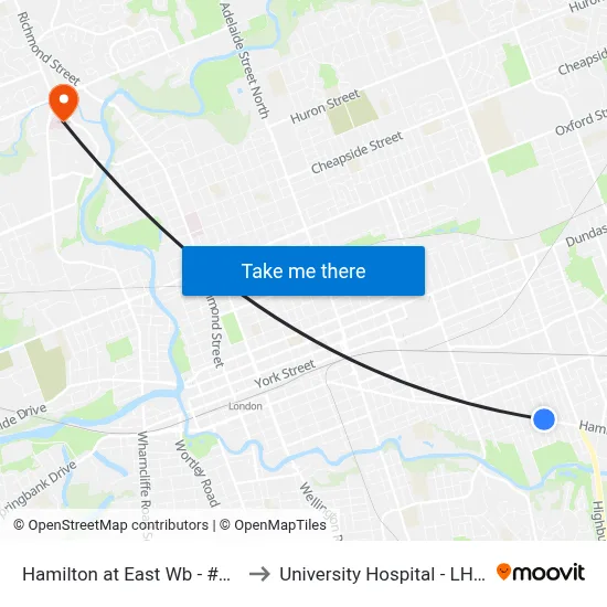 Hamilton at East Wb - #850 to University Hospital - LHSC map