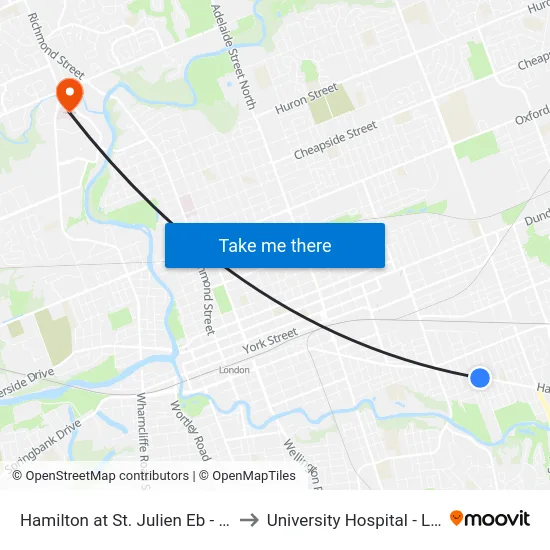 Hamilton at St. Julien Eb - #883 to University Hospital - LHSC map
