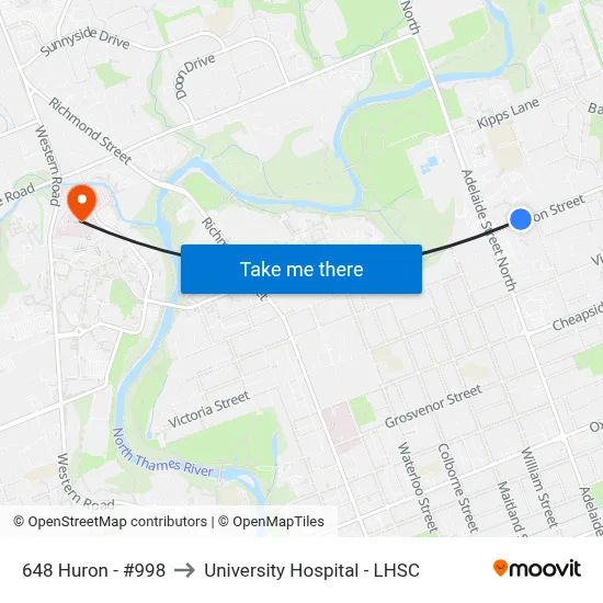 648 Huron - #998 to University Hospital - LHSC map