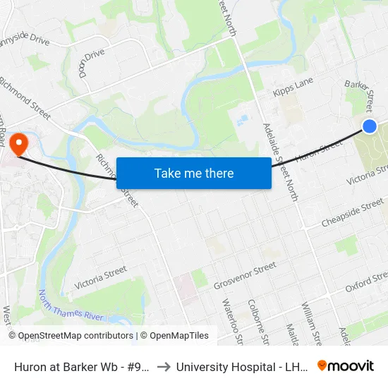 Huron at Barker Wb - #999 to University Hospital - LHSC map