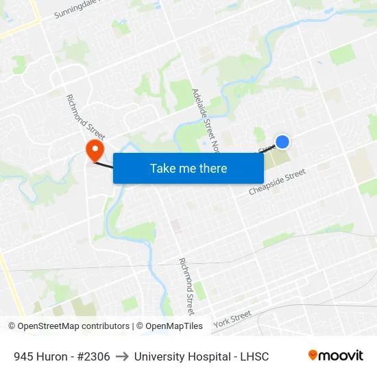 945 Huron - #2306 to University Hospital - LHSC map