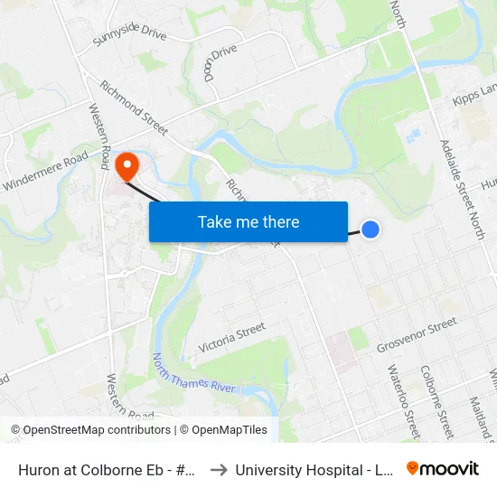 Huron at Colborne Eb - #1005 to University Hospital - LHSC map