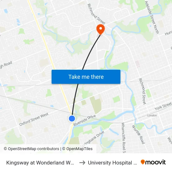 Kingsway at Wonderland Wb - #1092 to University Hospital - LHSC map