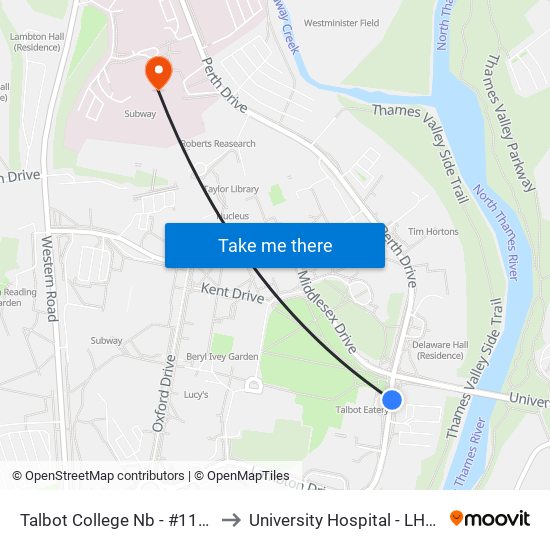 Talbot College Nb - #1104 to University Hospital - LHSC map