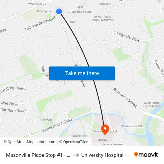 Masonville Place Stop #1 - #1140 to University Hospital - LHSC map