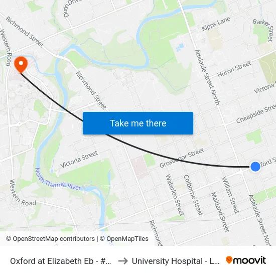 Oxford at Elizabeth Eb - #1285 to University Hospital - LHSC map