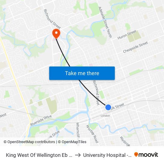 King West Of Wellington Eb - #2916 to University Hospital - LHSC map