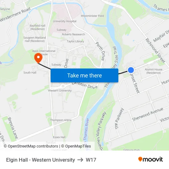 Elgin Hall - Western University to W17 map