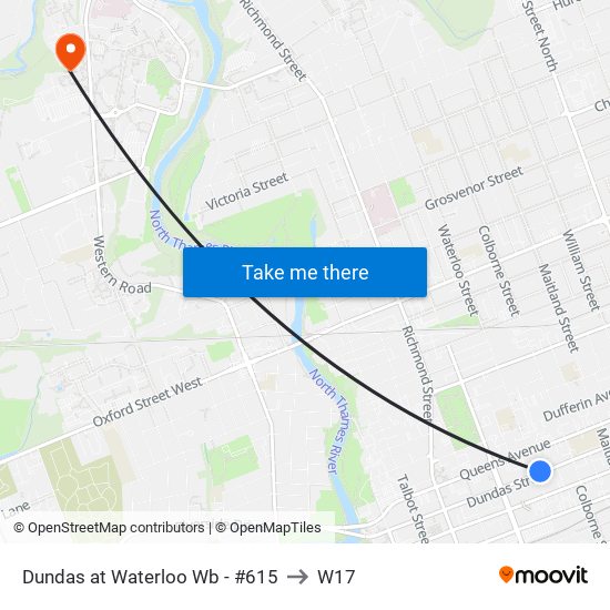 Dundas at Waterloo Wb - #615 to W17 map