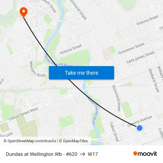 Dundas at Wellington Wb - #620 to W17 map