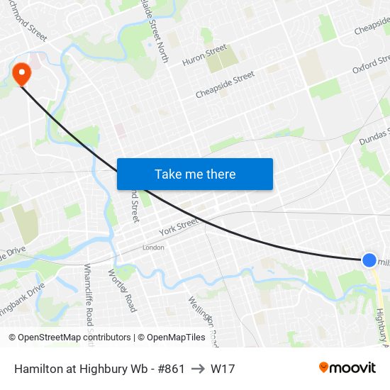 Hamilton at Highbury Wb - #861 to W17 map