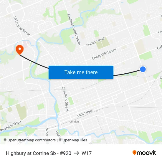 Highbury at Corrine Sb - #920 to W17 map