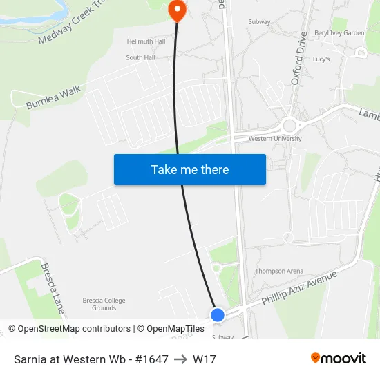 Sarnia at Western  Wb - #1647 to W17 map