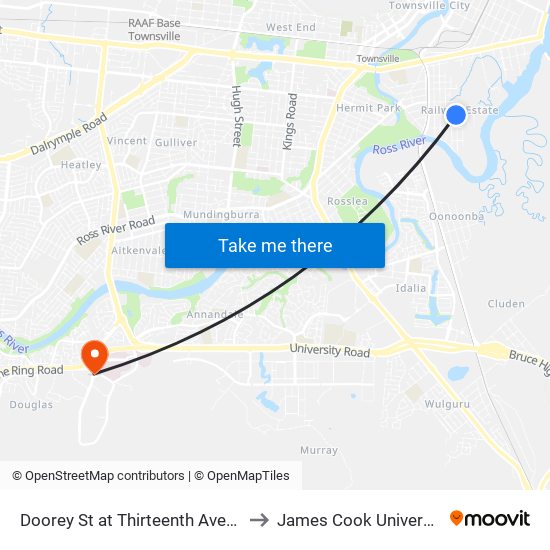 Doorey St at Thirteenth Avenue to James Cook University map