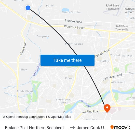 Erskine Pl at Northern Beaches Leisure Centre to James Cook University map