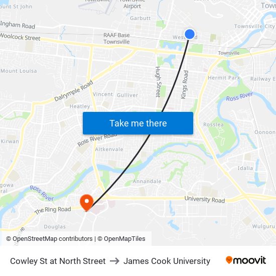 Cowley St at North Street to James Cook University map