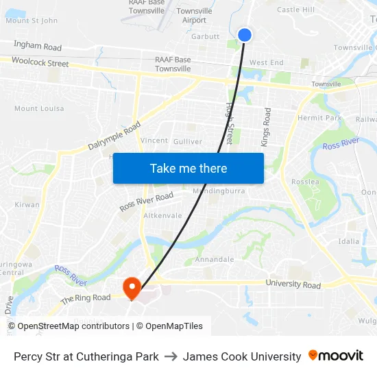 Percy Str at Cutheringa Park to James Cook University map