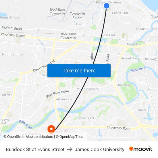 Bundock St at Evans Street to James Cook University map