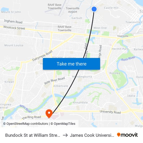 Bundock St at William Street to James Cook University map