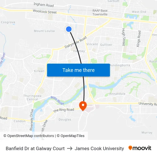 Banfield Dr at Galway Court to James Cook University map