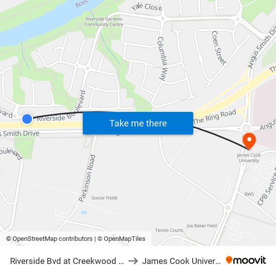 Riverside Bvd at Creekwood Way to James Cook University map