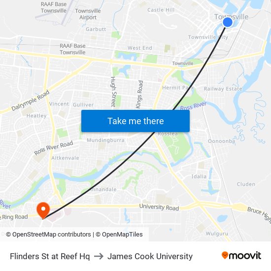 Flinders St at Reef Hq to James Cook University map