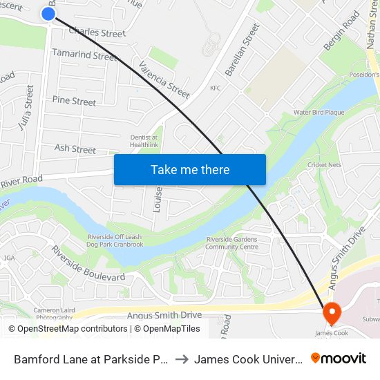 Bamford Lane at Parkside Plaza to James Cook University map