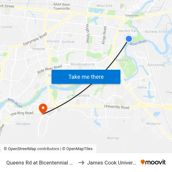 Queens Rd at Bicentennial Park to James Cook University map