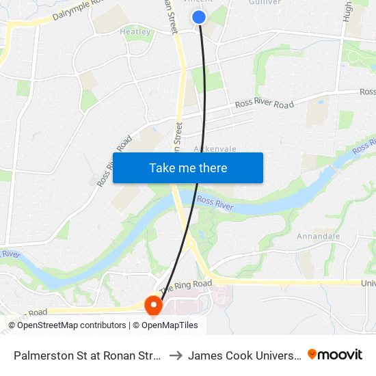 Palmerston St at Ronan Street to James Cook University map