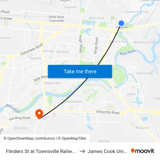 Flinders St at Townsville Railway Station to James Cook University map