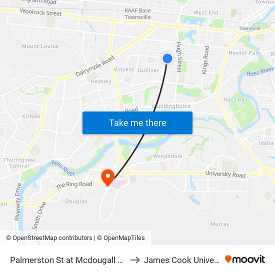 Palmerston St at Mcdougall Street to James Cook University map