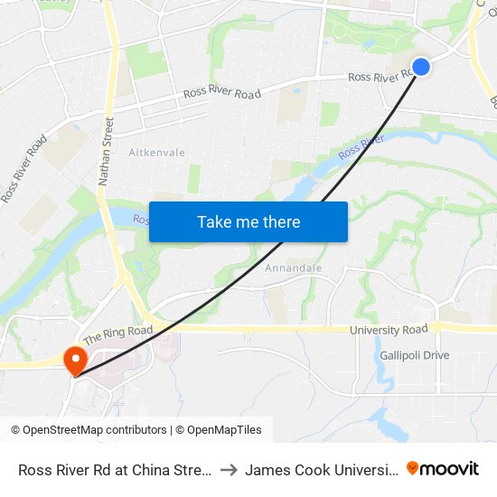 Ross River Rd at China Street to James Cook University map