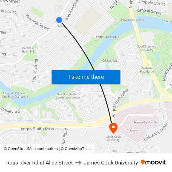 Ross River Rd at Alice Street to James Cook University map
