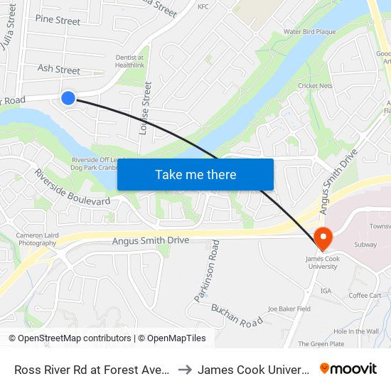 Ross River Rd at Forest Avenue to James Cook University map