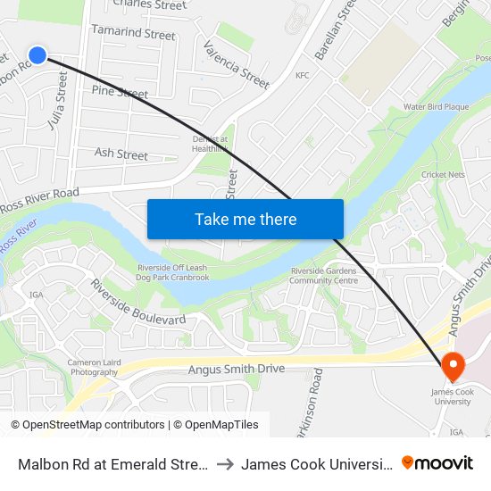 Malbon Rd at Emerald Street to James Cook University map