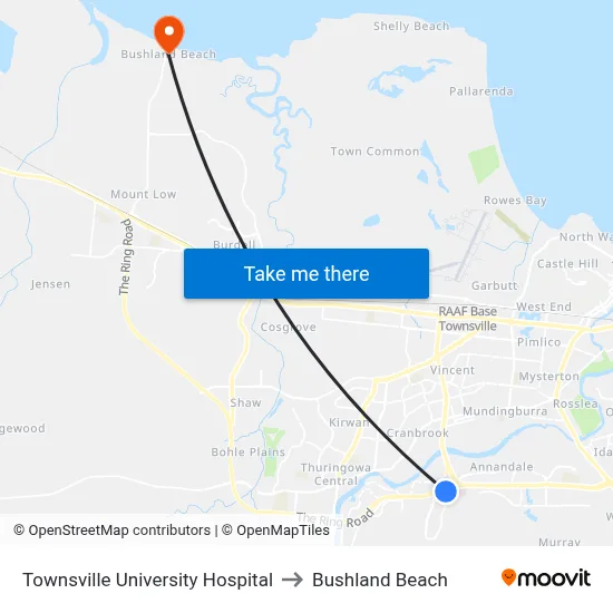 Townsville University Hospital to Bushland Beach map