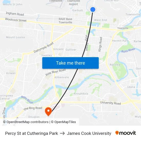 Percy St at Cutheringa Park to James Cook University map