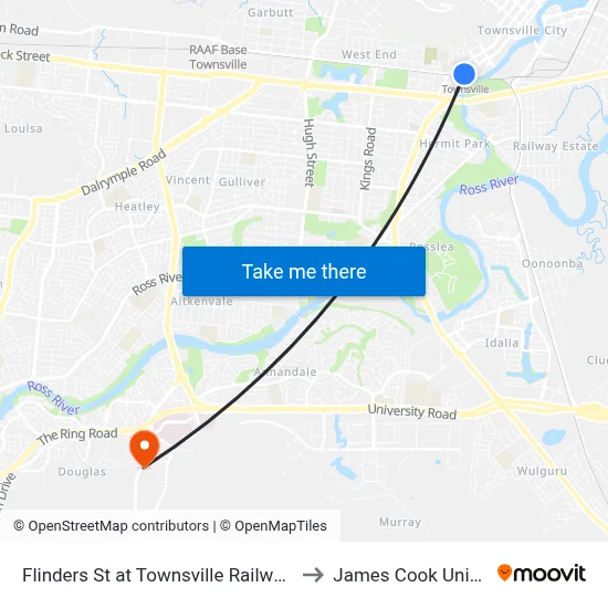 Flinders St at Townsville Railway Station to James Cook University map
