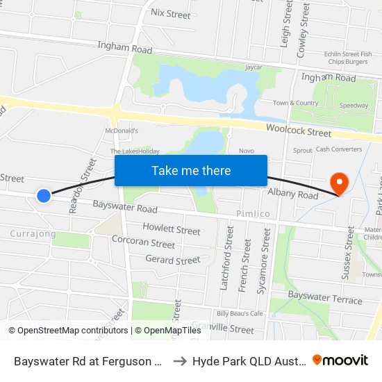 Bayswater Rd at Ferguson Street to Hyde Park QLD Australia map