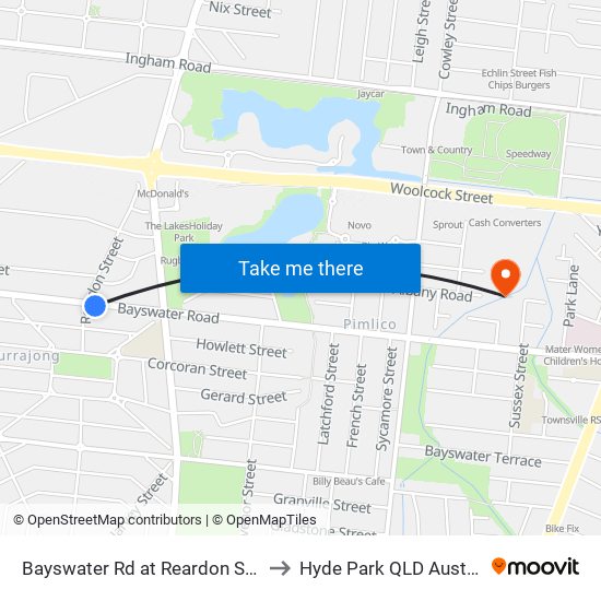 Bayswater Rd at Reardon Street to Hyde Park QLD Australia map