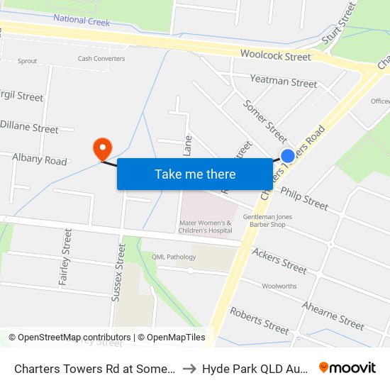 Charters Towers Rd at Somer Street to Hyde Park QLD Australia map