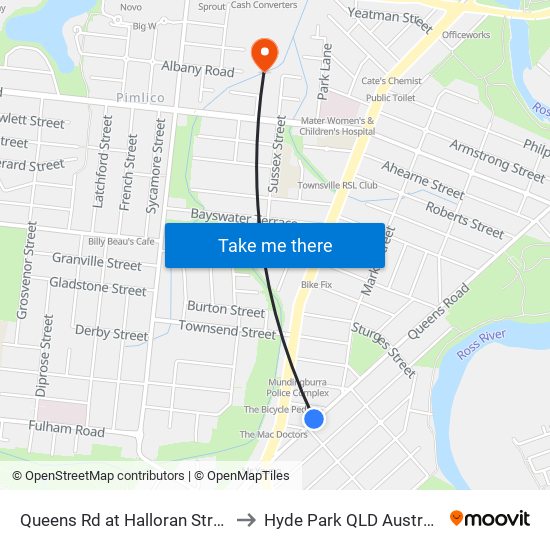 Queens Rd at Halloran Street to Hyde Park QLD Australia map