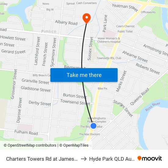 Charters Towers Rd at Jameson Street to Hyde Park QLD Australia map