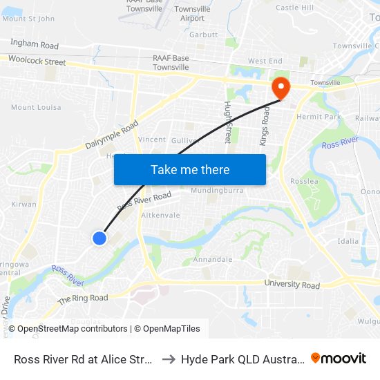 Ross River Rd at Alice Street to Hyde Park QLD Australia map