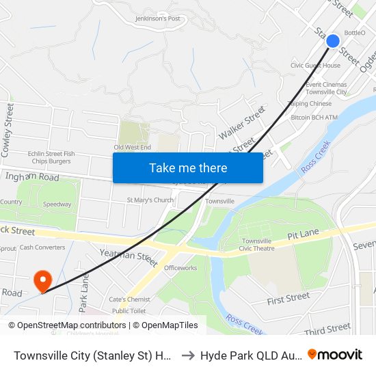 Townsville City (Stanley St) Hail 'N' Ride to Hyde Park QLD Australia map