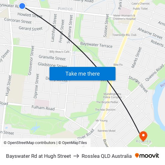 Bayswater Rd at Hugh Street to Rosslea QLD Australia map