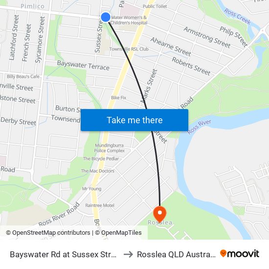 Bayswater Rd at Sussex Street to Rosslea QLD Australia map